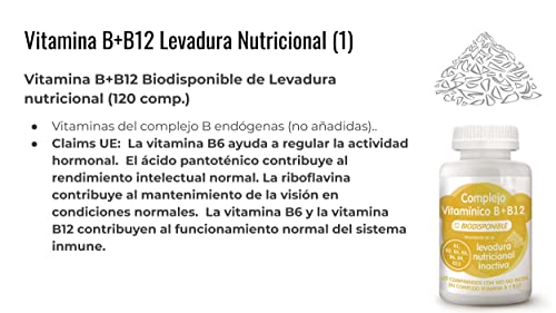 Energy Feelings Comprimidos Vitamina B+B12 de Levadura Nutricional | Vitamina B1 B3 B5 B6 B9 B12 Vegana | Reforzar el Sistema Inmunológico y Regulador Hormonal | 120 comprimidos de 500mg