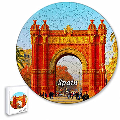 España Barcelona Arco del Triunfo Rompecabezas de 195 Piezas con Forma Redonda de Animales de Madera para niños y Adultos, Recuerdos de 16.5 × 16.5 Pulgadas