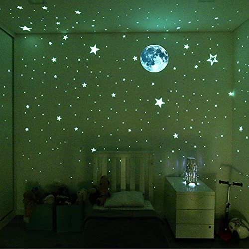 Estrellas y luna que brillan en la oscuridad, realista sin puntos sin cuadrados, pegatinas en forma de estrella y luna, adhesivos luminosos para habitación, pared, recámara, techo y sala de estar