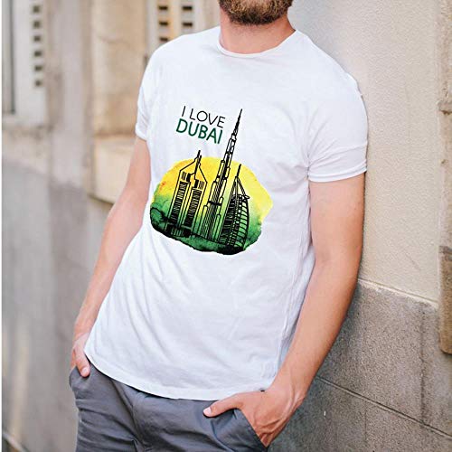 Europeo y Americano de los Hombres de la Camiseta I Love Dubai Letras Impresas de Manga Corta Poliéster de Verano Color Sólido Grandes yardas Suelto Suéter