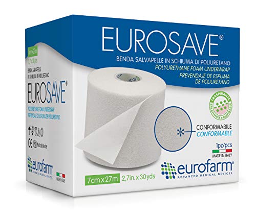 EUROSAVE- Prevendaje de Espuma de Poliuretano Blanco 27 m x 7 cm, Protector de piel en todas las técnicas de vendaje funcional y deportes de contacto