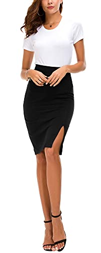 EXCHIC Lápiz de Mujer Bodycon Falda de Negocios Hendidura Lateral Dobladillo (XL, Negro)