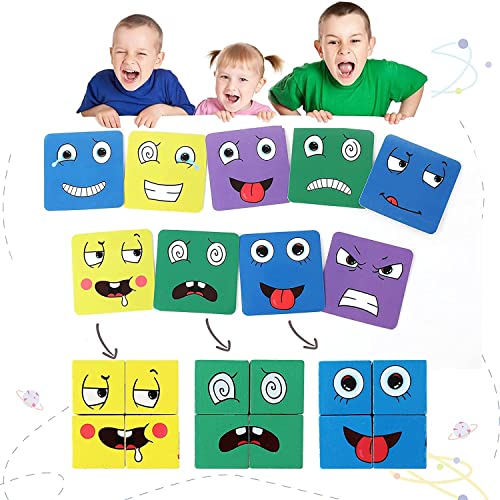Expresiones Mágico Puzzle de Madera, Jrisbo Magic Face Cube Expresión Bloques Construccion Niños, 16 Cubos de Cara 64 Cartas Montessori Interactivo Rompecabezas