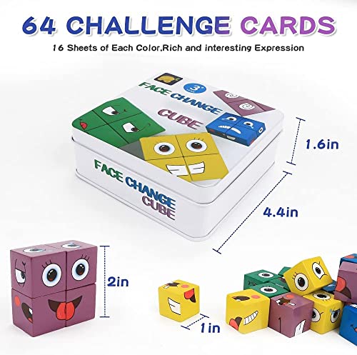 Expresiones Mágico Puzzle de Madera, Jrisbo Magic Face Cube Expresión Bloques Construccion Niños, 16 Cubos de Cara 64 Cartas Montessori Interactivo Rompecabezas