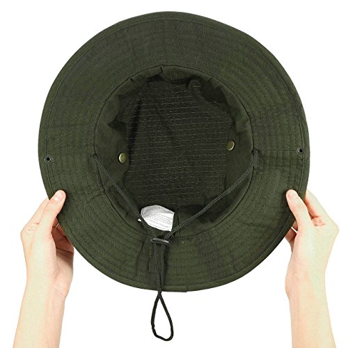 FALETO Sombrero de cubo Boonie Sombrero de vaquero de ala ancha Gorras Sombrero de pesca con correa ajustable, Ejército, Taille unique