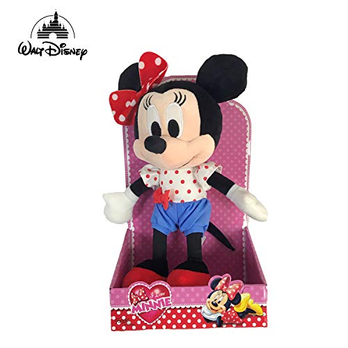 Famosa Softies - Peluche I Love Minnie Pantalon Azul y Camiseta Blanca con Topos Rojos 25cm Calidad Super Soft - Blister-