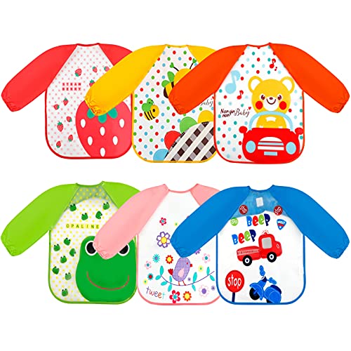 Fascigirl 6 Piezas Baberos Bebe, Baberos Bebe Impermeables Baberos Plastico Bebe Niña Baberos con Mangas Larga Bibs Baberos para Comida Alimentos Arte Artesanía Pintura Jugar Baberos Limpiables