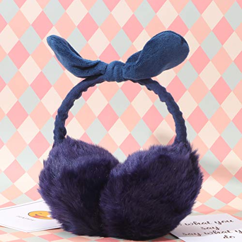 FENICAL orejeras de invierno diseño de bowknot de felpa oreja de conejo lindo oreja al aire libre felpa lindo sombreros creativos cubre orejas para niñas mujeres (azul marino)