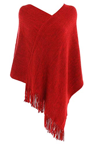 FEOYA Poncho para Mujer Chaqueta de Punto Flecos Diseño Envolvente Color Sólido Rojo Navidad Elegante Moda 95 * 85cm