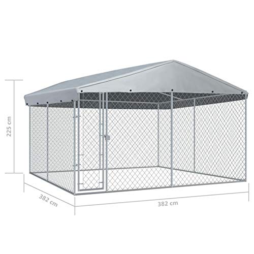 Festnjght Perrera de Exterior con Toldo Jaula para Perros Mascotas de Metal Galvanizado con Cerradura para Jardín Patio 382 x 382 x 225 cm Plata