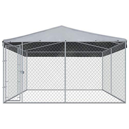 Festnjght Perrera de Exterior con Toldo Jaula para Perros Mascotas de Metal Galvanizado con Cerradura para Jardín Patio 382 x 382 x 225 cm Plata