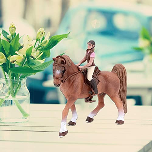 Figuras de animales de caballos y jinete, simulación en miniatura de caballo marrón con figura de caballo y silla de montar figura de animal de la colección de juguetes para niños