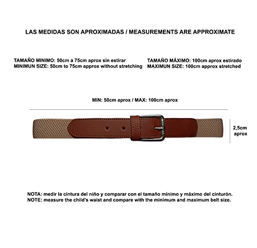 FIONCCI Cinturón Elástico con Piel Niños y Niñas Ajustable - Hebilla de Metal – Fabricado en España – Colores Variados (Beige)