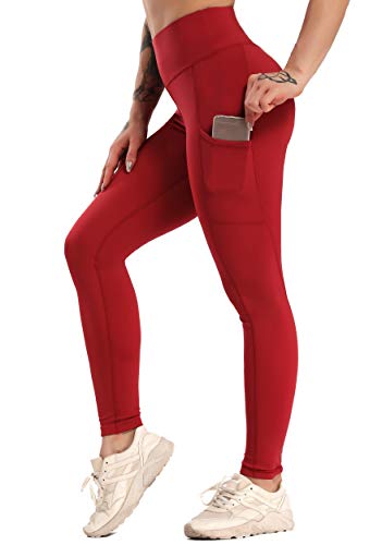 FITTOO Leggings Clásico Super Suave Elásticos Costura Lateral Mujer Pantalones Deportivos Yoga Alta Cintura Transpirables Rojo S