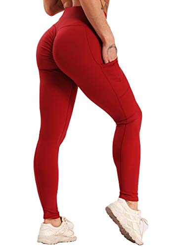 FITTOO Leggings Clásico Super Suave Elásticos Costura Lateral Mujer Pantalones Deportivos Yoga Alta Cintura Transpirables Rojo S