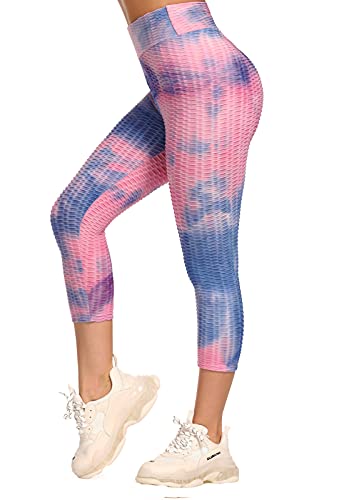 FITTOO Mallas 3/4 Leggings Capris Mujer Pantalones Yoga Alta Cintura Elásticos Super Suave #1 Azul& Rosa XL
