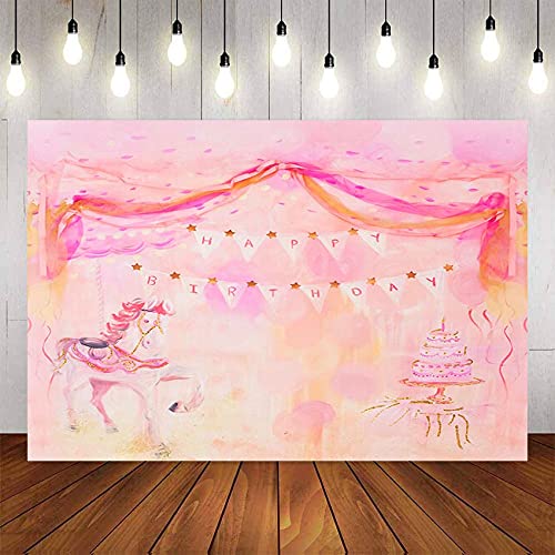 Fondo de fotografía Vinilo bebé Fiesta de cumpleaños Caballo Rosa Pastel telón de Fondo decoración Photocall telón de Fondo Estudio fotográfico A1 7x5ft / 2,1x1,5 m