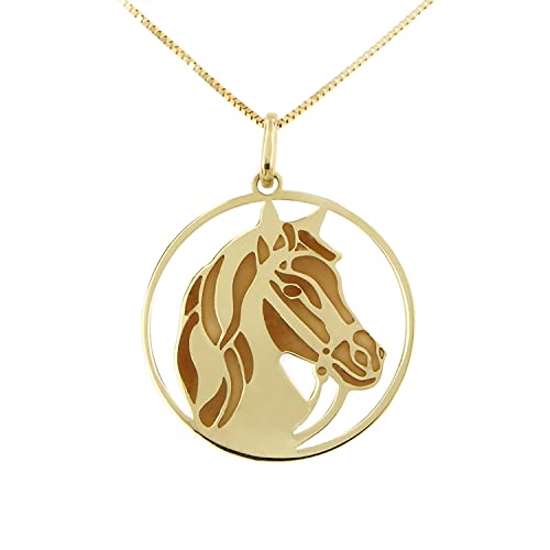 forme di Lucchetta Collar para mujer de auténtico oro amarillo con caballo Bero o Morello realizado sobre medalla colgante – 45 cm – Fabricado en Italia certificado marrón