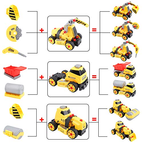 FORMIZON Coche de Juguete Construccion Vehículos, 7 en 1 Desmontar y Ensamblarde Vehículo de Construcciones Juguete Excavadora, Vehículo Juguete para Niños 3 4 5 Años