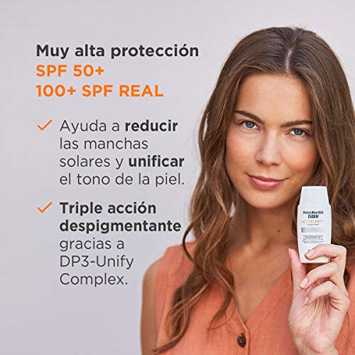 FotoUltra 100 ISDIN Active Unify SPF 50+ - Protector solar facial, Aclara y unifica el tono de piel, 50 ml