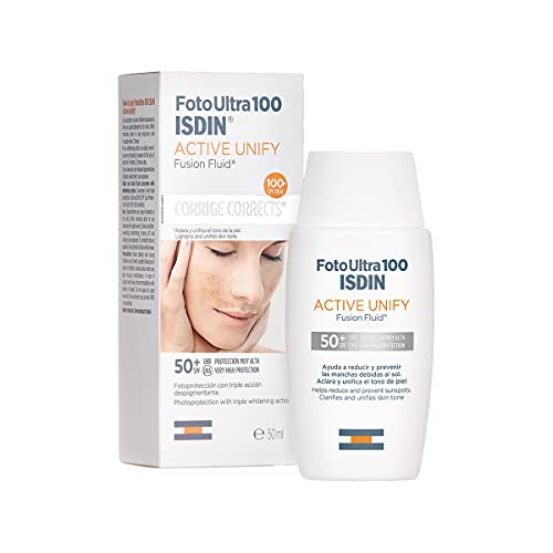 FotoUltra 100 ISDIN Active Unify SPF 50+ - Protector solar facial, Aclara y unifica el tono de piel, 50 ml