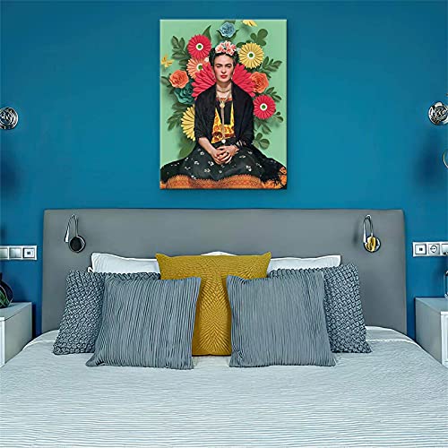 Frida Kahlo Impresión En Lienzo Pintura De Arte Para Dormitorio Sala De Estar Mujer En Un Fondo Verde Cuadro De Lienzo Póster De Frida Kahlo Decoración De Pared, Sin Marco,B,50×70cm
