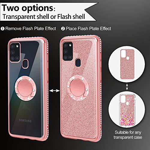 Funda para Samsung Galaxy A21S, Bling Glitter Silicona TPU Ultra Fina Suave Carcasa, Cristal Diamante Brillante Anillo Case con Kickstand de 360 Anti-Rasguños Protectora Cover - Rosa