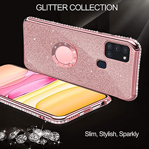 Funda para Samsung Galaxy A21S, Bling Glitter Silicona TPU Ultra Fina Suave Carcasa, Cristal Diamante Brillante Anillo Case con Kickstand de 360 Anti-Rasguños Protectora Cover - Rosa