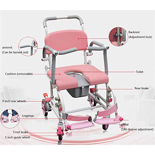 GAOXIAOMEI Commode Chairs Silla de baño con Ruedas, Silla de baño Acolchada para Personas Mayores discapacitadas,Inodoro para Uso en el baño Junto a la Cama (Rosado)