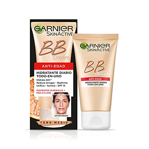Garnier Skin Active BB Cream Anti edad Crema Hidratante con Color con Protección Solar SPF 15, Hidrata, Reduce Arrugas, Unifica e Ilumina Color Tono Medio - 50 ml