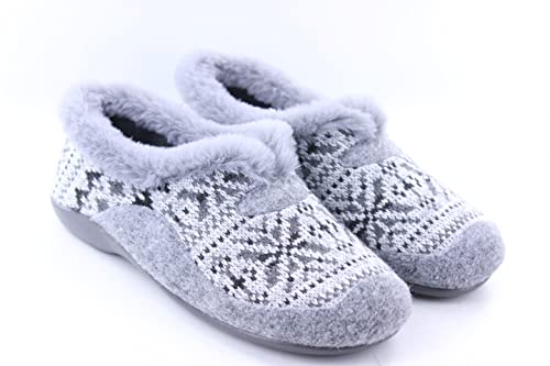 Garzon - Zapatillas Casa Cerradas para Mujer Color: Gris Talla: 38 - Suela goma. Combinado material lana escocia y fieltro. Con dibujo copo nieve invierno.