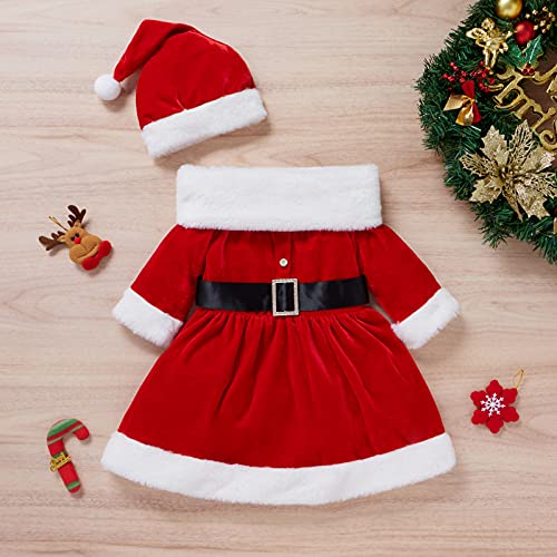 Geagodelia Niña Vestido de Disfraz de Navidad Vestido de Franela Navideña para Niñas Vestido de Manga Larga de Color con Cuello Cuadrado Gorra de Baile y Bufanda(Rojo,18 Meses)