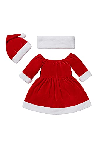 Geagodelia Niña Vestido de Disfraz de Navidad Vestido de Franela Navideña para Niñas Vestido de Manga Larga de Color con Cuello Cuadrado Gorra de Baile y Bufanda(Rojo,18 Meses)