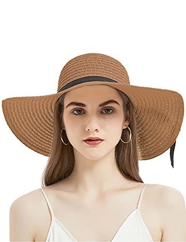 Geschallino Mujeres Panama Sombrero de Paja de ala Ancha con Lazo Ligero para el Verano Sombrero de Playa UV UPF50+, Marrón