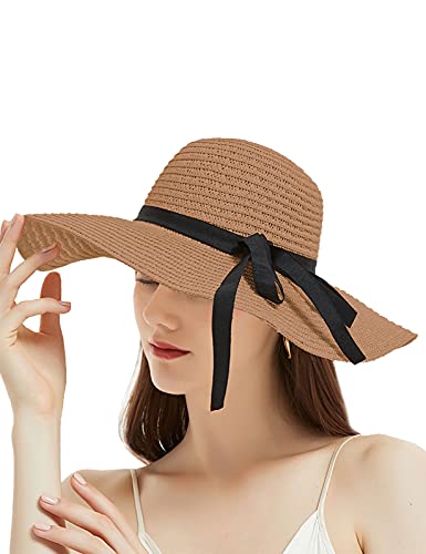 Geschallino Mujeres Panama Sombrero de Paja de ala Ancha con Lazo Ligero para el Verano Sombrero de Playa UV UPF50+, Marrón