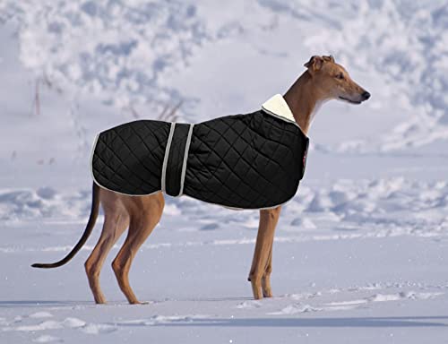 Geyecete - Abrigo cálido térmico Acolchado para Perro Galgo, con Bandas Ajustables, para Invierno Clima frío,Ropa con Agujero del arnés, para medianos y Grandes Perros-Negro-S