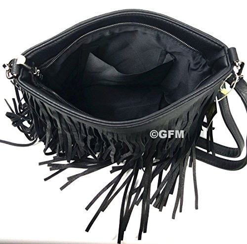 GFM® Bolso bandolera de piel artificial con flecos suaves - Tamaño pequeño. (Style 1-003-SML-KL)