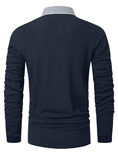 GHYUGR Polo Hombre Manga Larga Camiseta Deporte Clásico Elegante Cuadros Cuello T-Shirt,Azul Marino,L