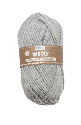 Glorex 5 1002 05 Wooly - Ovillo de lana (70% acrílico, 30% lana, muy suave y cálida, agradable de llevar, 50 g, aprox. 90 m, color gris claro, ideal para gorros, bufandas y calentadores.