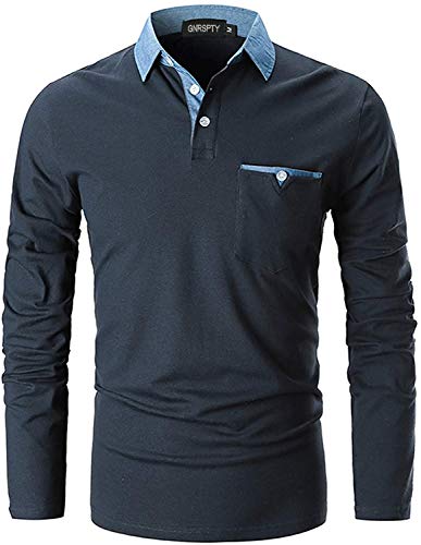 GNRSPTY Polo Hombre Manga Larga Denim Cuello Camisetas Algodón Camisas T-Shirt Golf Tennis Otoño Invierno Oficina,Azul Marino,XL