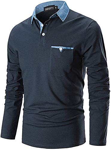 GNRSPTY Polo Hombre Manga Larga Denim Cuello Camisetas Algodón Camisas T-Shirt Golf Tennis Otoño Invierno Oficina,Azul Marino,XL