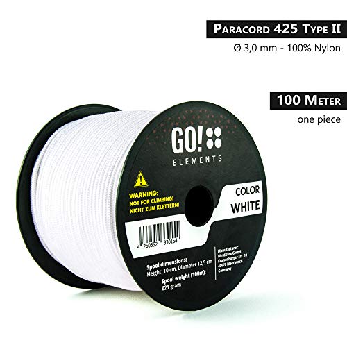 GO!elements 100m Cuerda Paracord de Nylon Resistente al desgarro - 3mm Paracord 425 Tipo II líneas como Cuerda para Exteriores, Cuerda para Todo Uso - línea de Nylon MAX. 192kg, Color:Blanco