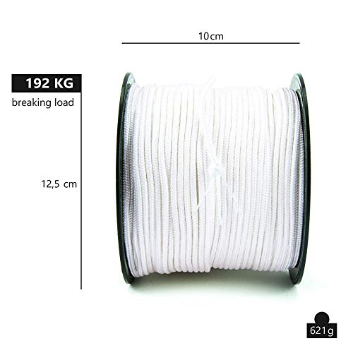 GO!elements 100m Cuerda Paracord de Nylon Resistente al desgarro - 3mm Paracord 425 Tipo II líneas como Cuerda para Exteriores, Cuerda para Todo Uso - línea de Nylon MAX. 192kg, Color:Blanco