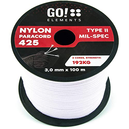 GO!elements 100m Cuerda Paracord de Nylon Resistente al desgarro - 3mm Paracord 425 Tipo II líneas como Cuerda para Exteriores, Cuerda para Todo Uso - línea de Nylon MAX. 192kg, Color:Blanco