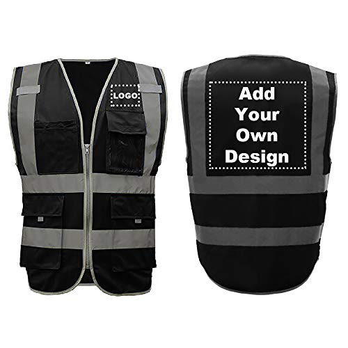 GOGO Chaleco de seguridad de alta visibilidad Logotipo personalizado 8 bolsillos negro tamaño grande trabajo al aire libre reflectante chaleco Black L