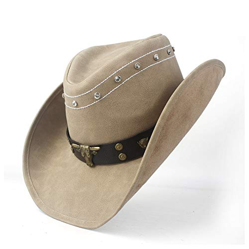 Gorra de cuero hecha a mano con banda de toro de cuero punk for caballero Sombrero Sombrero Hombres de moda Sombrero de vaquero occidental Autumn fashion (Color : Tan, Size : 58-59)