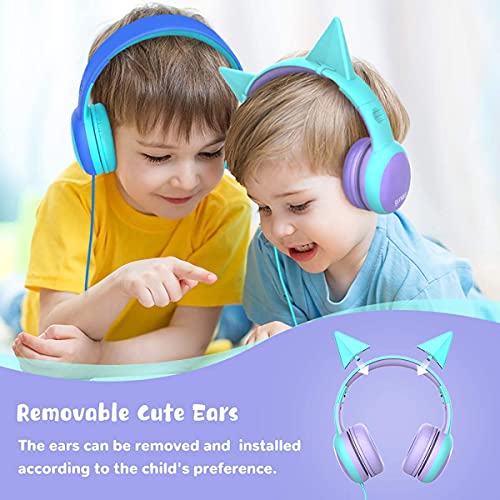 Gorsun Auriculares para niños, Volumen Limitado en el oído Auriculares para niños con Conector de Audio de 3.5 mm para niñas y niños, Auriculares con Cable Ajustable y Plegable (Morada)