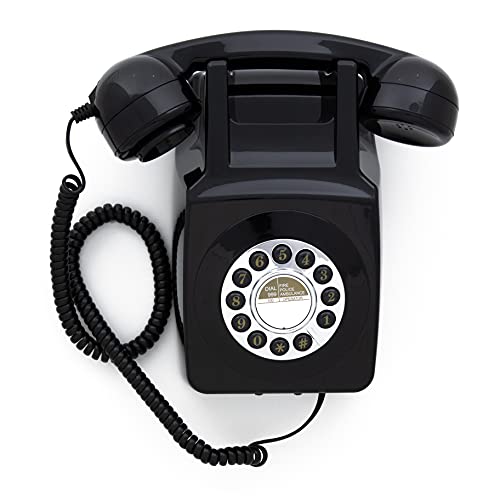 GPO 746 Teléfono fijo retro de pared con botones - Cable en espiral, timbre auténtico - Negro