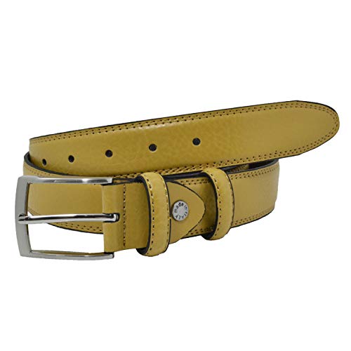 GRESEL, Cinturón para hombre y mujer, cuero genuino, ajustable, 3,5 cm de ancho Amarillo mostaza 115 (50-52)