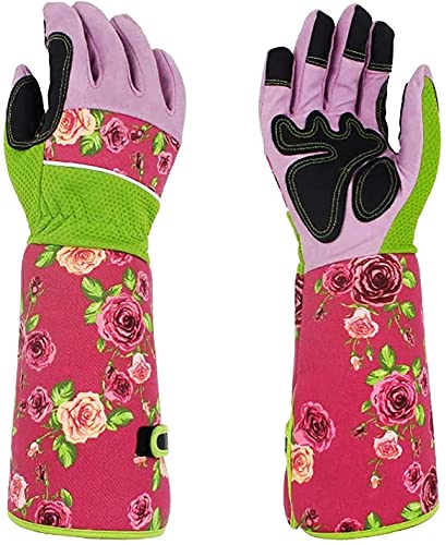Guantes largos de jardinería para mujeres, a prueba de espinas, guantes de poda de cuero con protección de guantelete de 37 cm, guantes de herramienta de trabajo de invernadero, color rosa